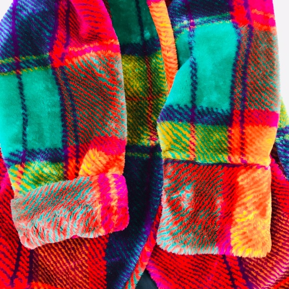 Monterey Fashions VTG Women's Rainbow Plaid Faux Fur Coat/Jacket Size Med Petite - Picture 11 of 13